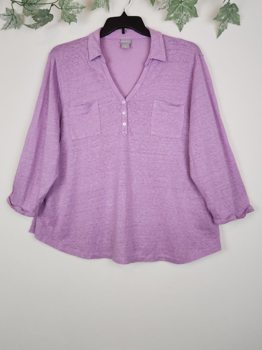 Chico's Size XXL Lavender Purple Linen Collared 3/4 Sleeve Stretch Top Blouse